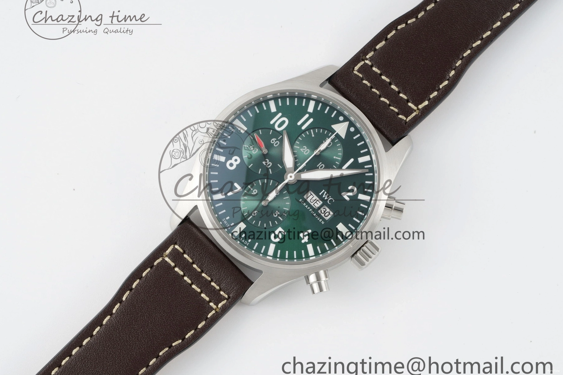 MIROTIME 0319 Bright Pilot Chrono SS AZF 1:1 Best Edition Green Dial on Brown Leather Strap A 7059